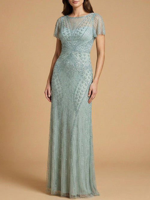 Beaded Flutter Sleeve Sheath Gown