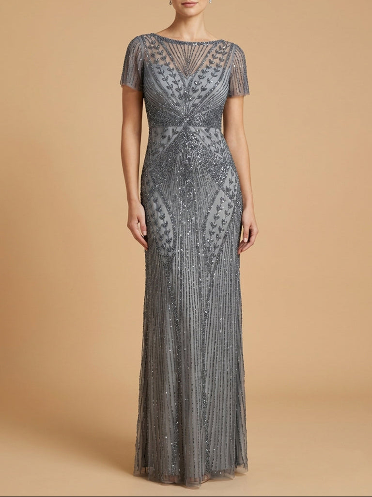 Beaded Flutter Sleeve Sheath Gown