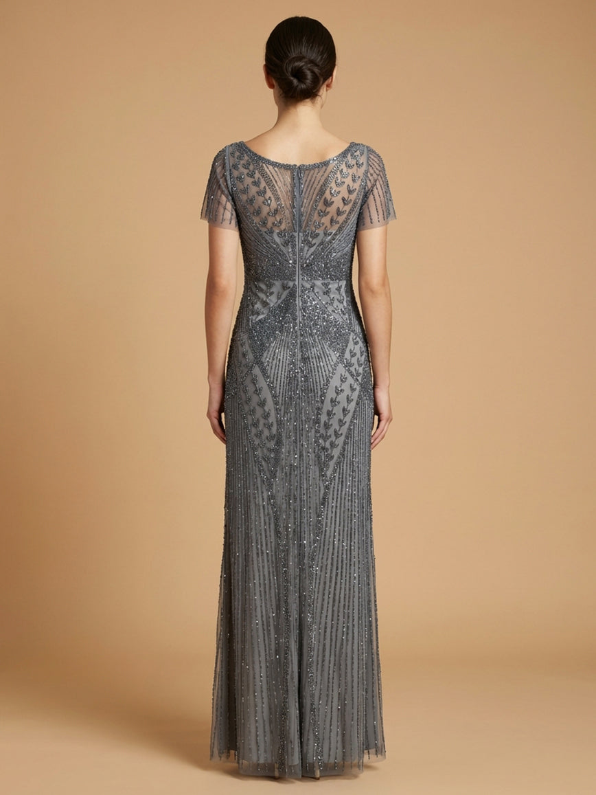 Beaded Flutter Sleeve Sheath Gown
