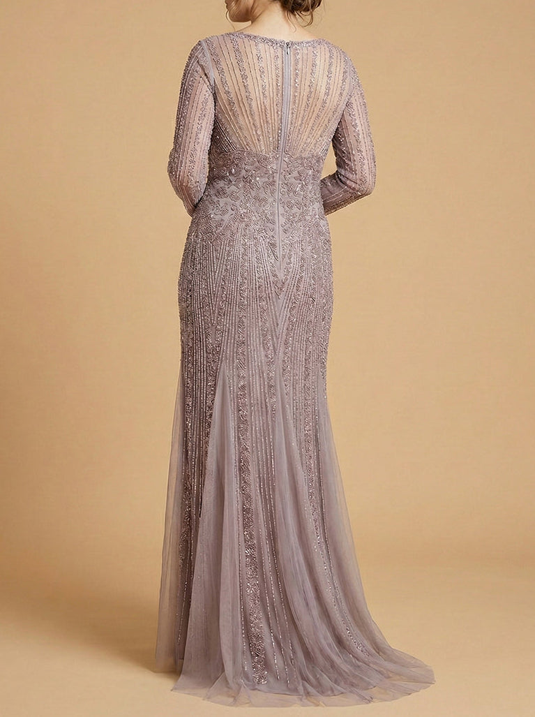 Long Sleeve High Neck Beaded Mermaid Gown