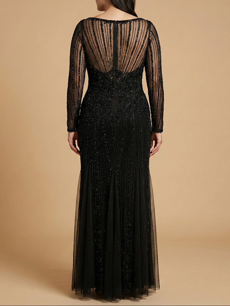 Long Sleeve High Neck Beaded Mermaid Gown