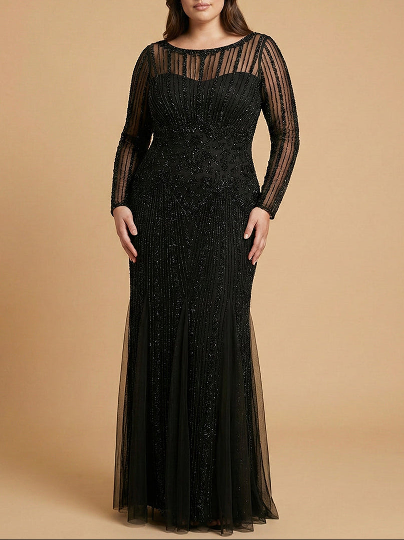 Long Sleeve High Neck Beaded Mermaid Gown