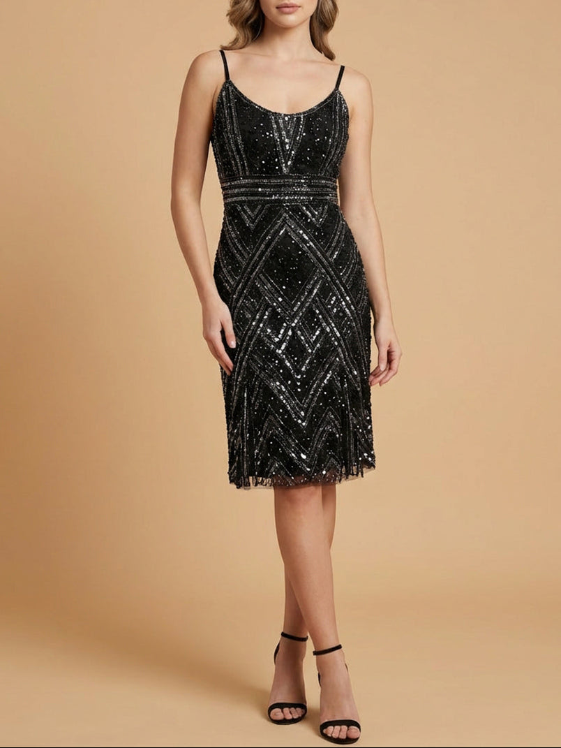 Beaded Flounce Short Dress with Spaghetti Straps