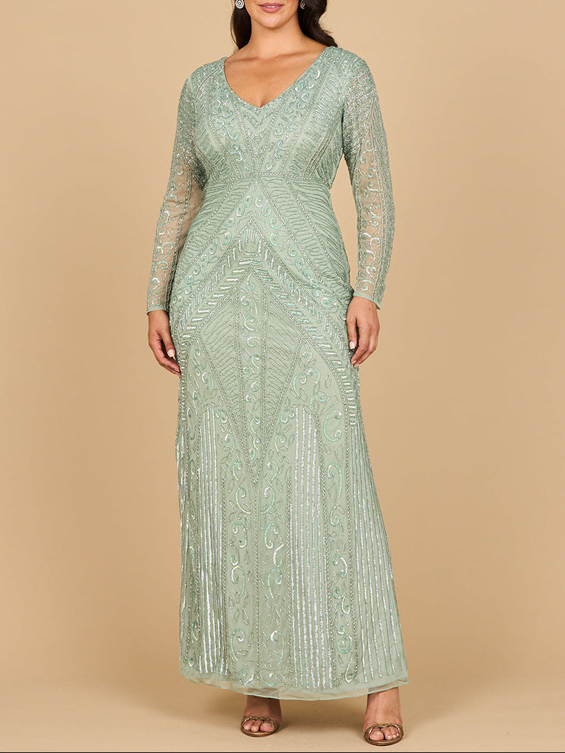 Long Sleeve Geometric Beaded Gown