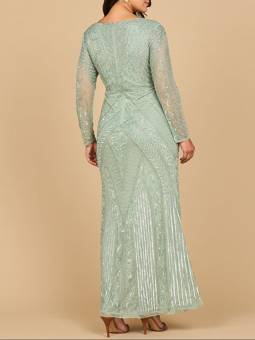 Long Sleeve Geometric Beaded Gown