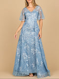 Overskirt Lace Fitted V-Neck Gown with Cape Sleeves