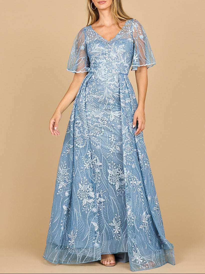 Overskirt Lace Fitted V-Neck Gown with Cape Sleeves