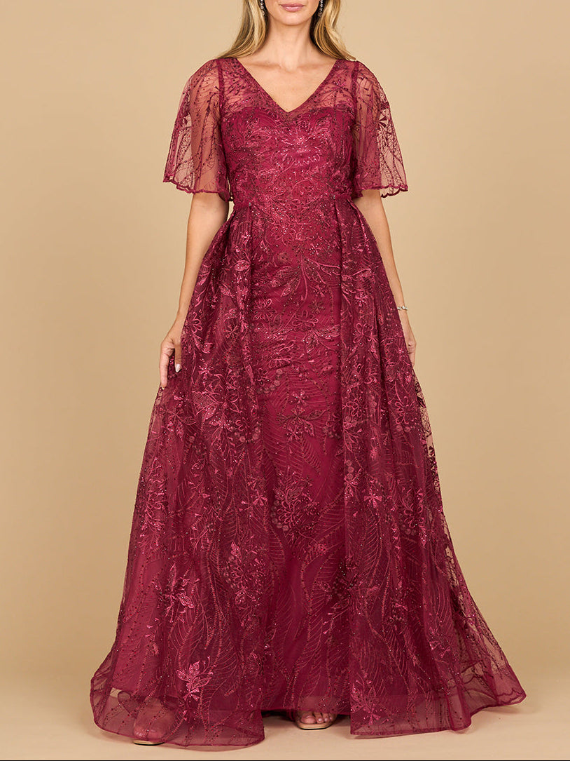 Overskirt Lace Fitted V-Neck Gown with Cape Sleeves
