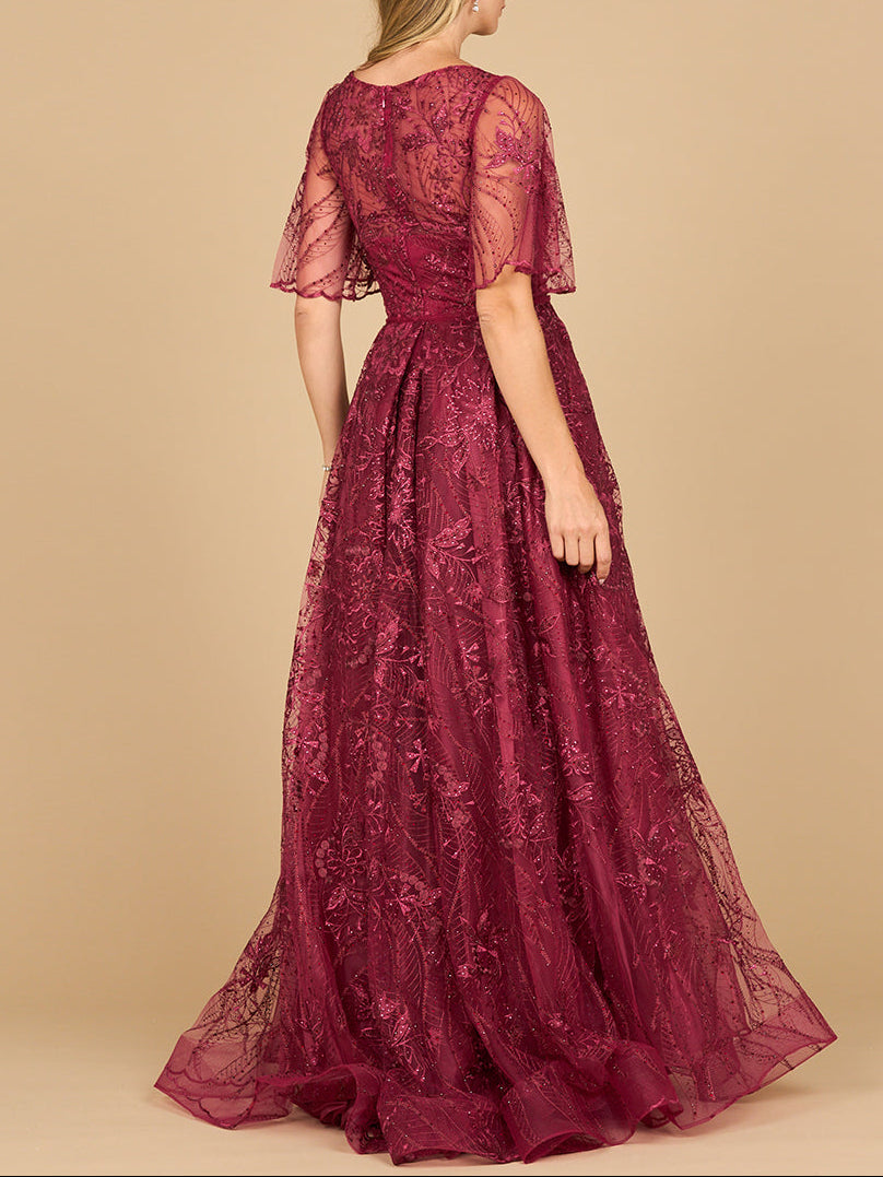Overskirt Lace Fitted V-Neck Gown with Cape Sleeves