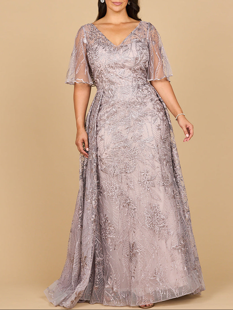Overskirt Lace Fitted V-Neck Gown with Cape Sleeves