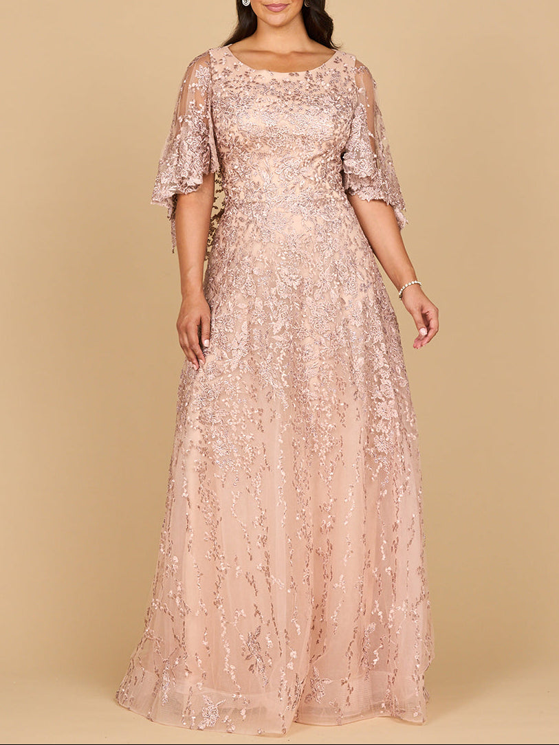 Cape Sleeve Embellished Lace Mother's Gown