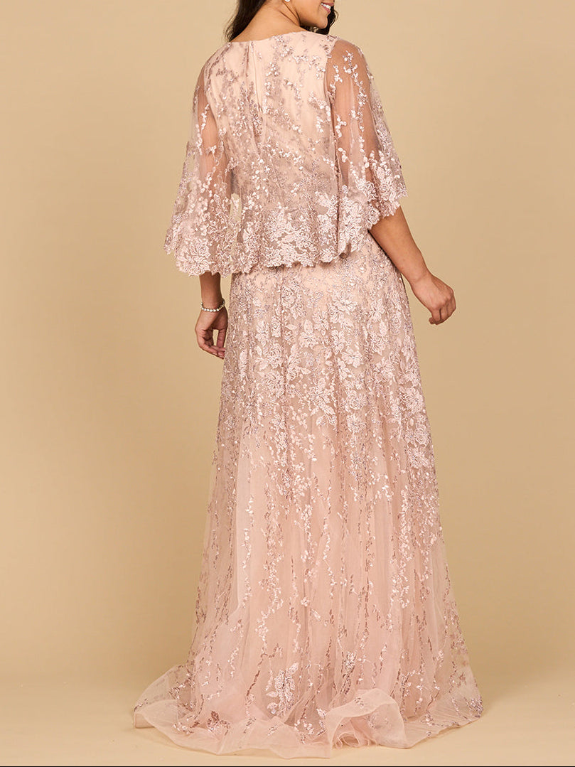 Cape Sleeve Embellished Lace Mother's Gown