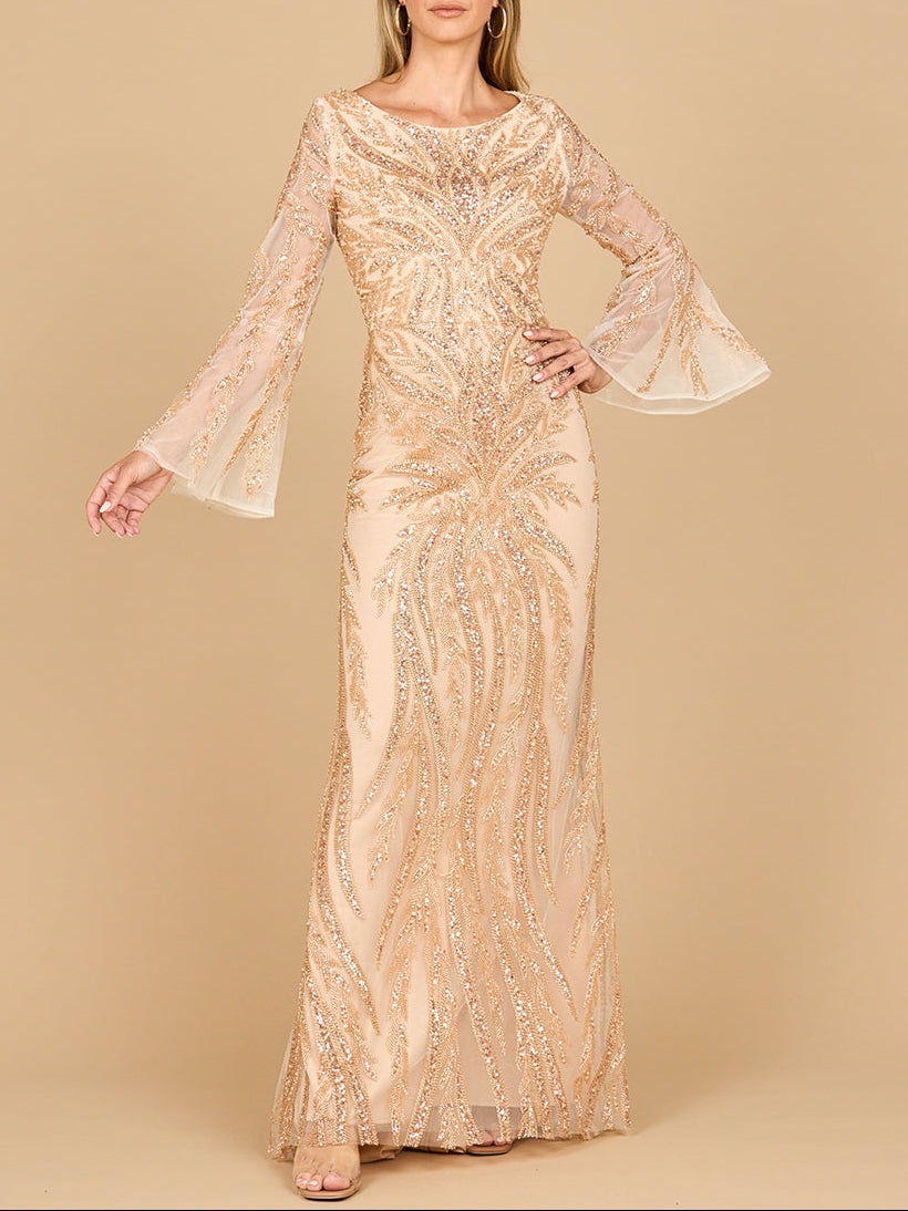 High Neck Beaded Gown with Bell Sleeves