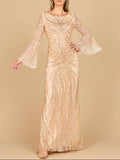 High Neck Beaded Gown with Bell Sleeves