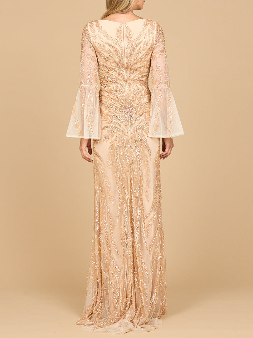 High Neck Beaded Gown with Bell Sleeves