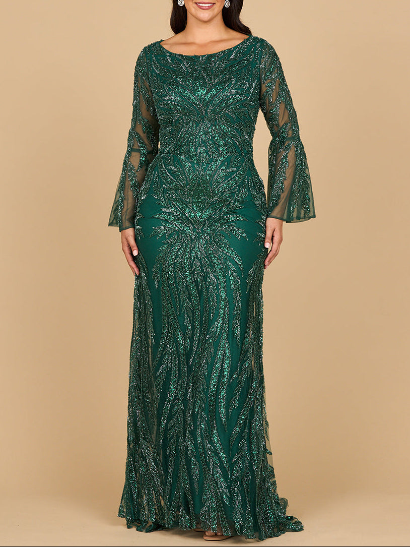 High Neck Beaded Gown with Bell Sleeves