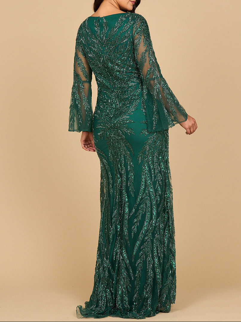 High Neck Beaded Gown with Bell Sleeves