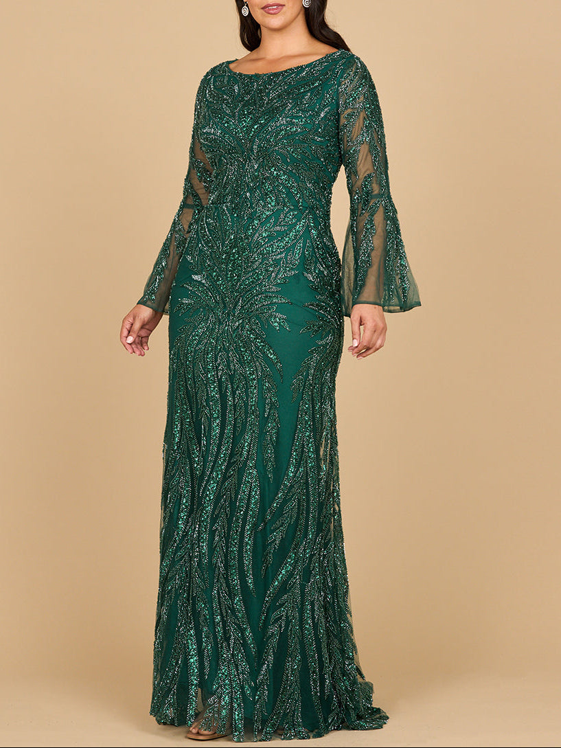 High Neck Beaded Gown with Bell Sleeves