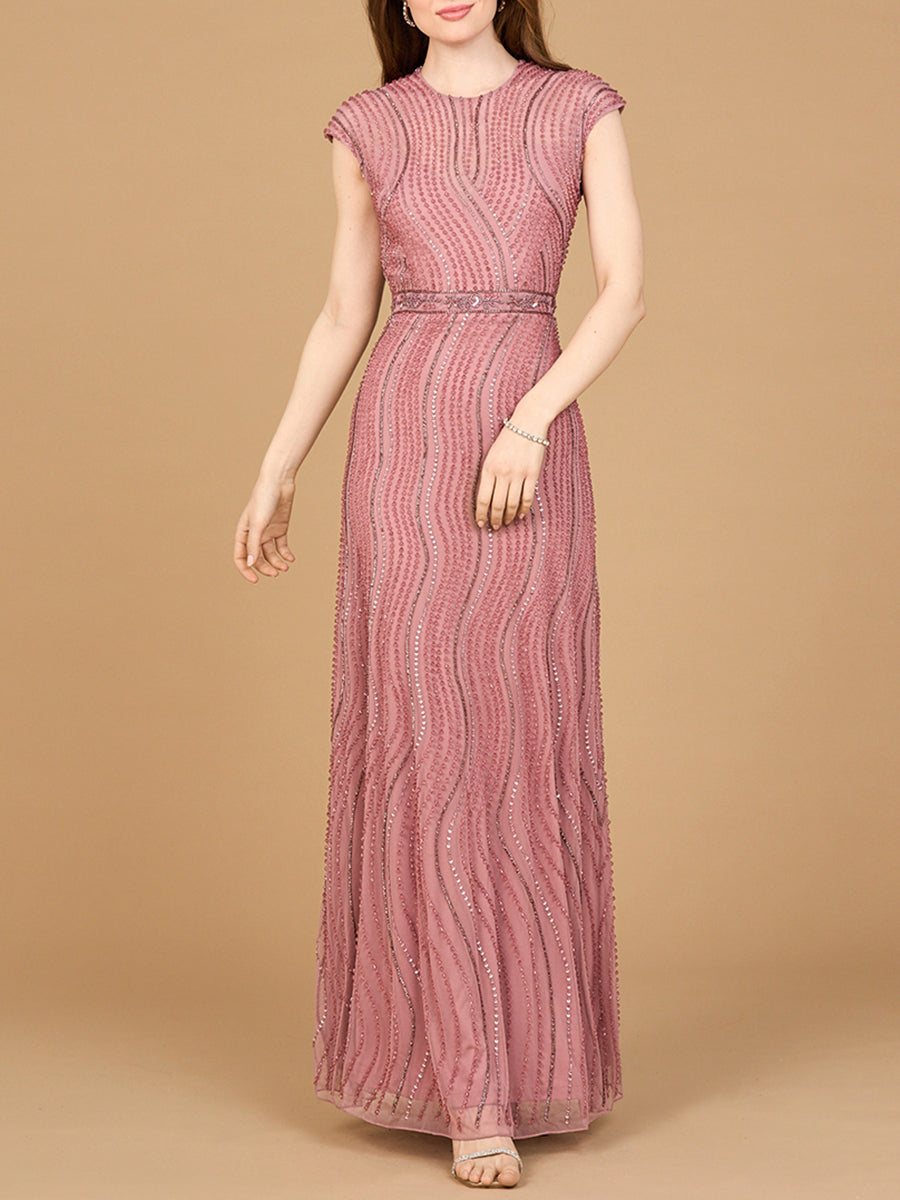 Cap Sleeve Illusion Neck Beaded Gown