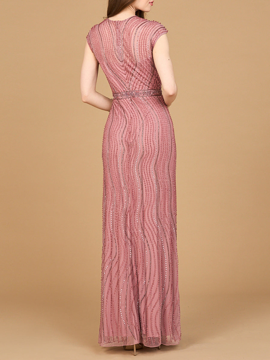 Cap Sleeve Illusion Neck Beaded Gown