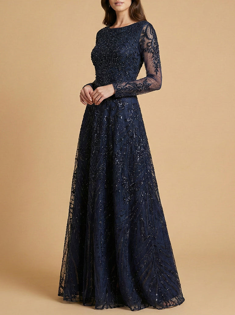 Long Sleeve High Neck Embroidered Lace Ball Gown