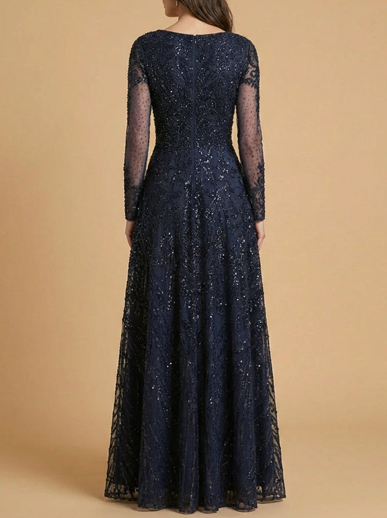 Long Sleeve High Neck Embroidered Lace Ball Gown