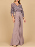 Draped Skirt Beaded Bodice Gown with Cape Sleeves