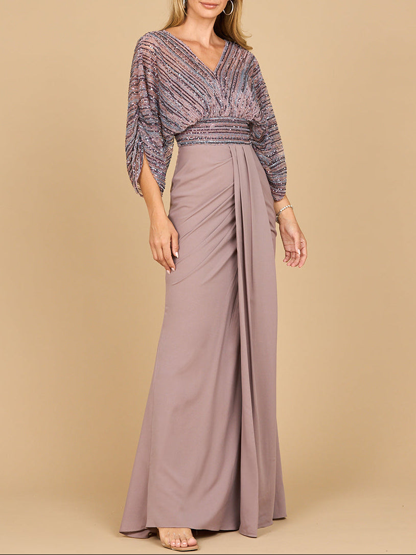 Draped Skirt Beaded Bodice Gown with Cape Sleeves