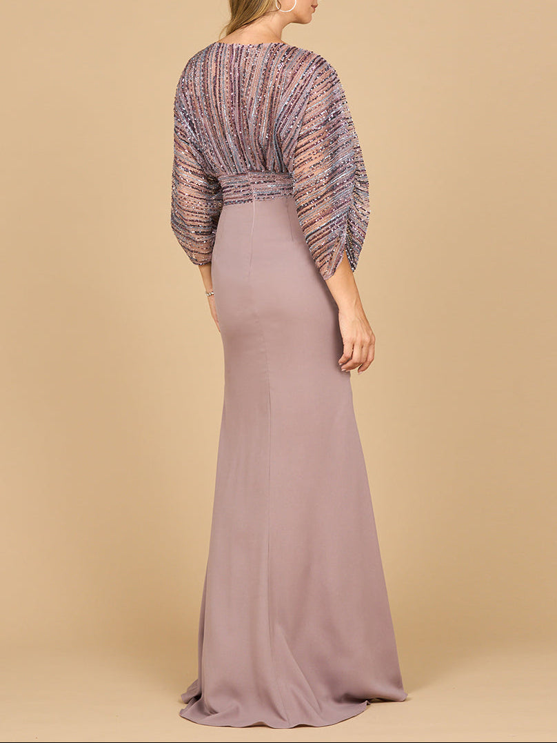 Draped Skirt Beaded Bodice Gown with Cape Sleeves