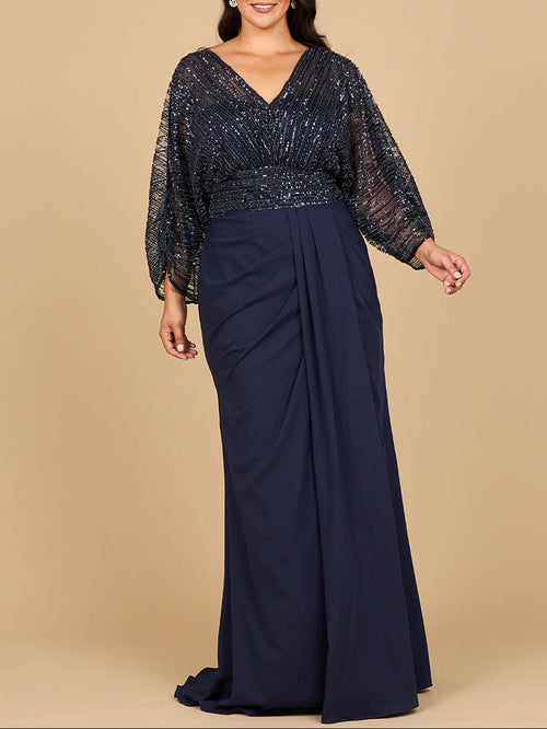 Draped Skirt Beaded Bodice Gown with Cape Sleeves