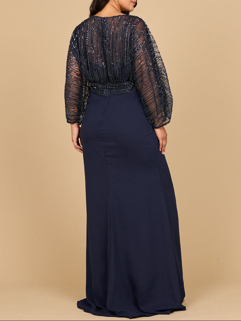 Draped Skirt Beaded Bodice Gown with Cape Sleeves