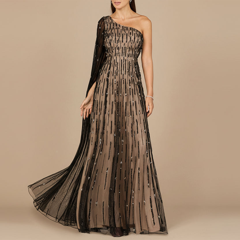 One Shoulder A-Line Gown with Cape Sleeve