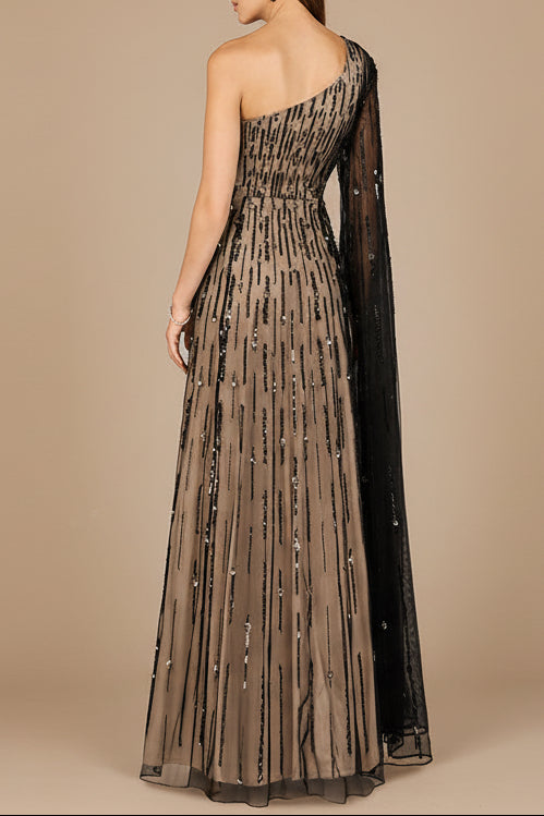 One Shoulder A-Line Gown with Cape Sleeve