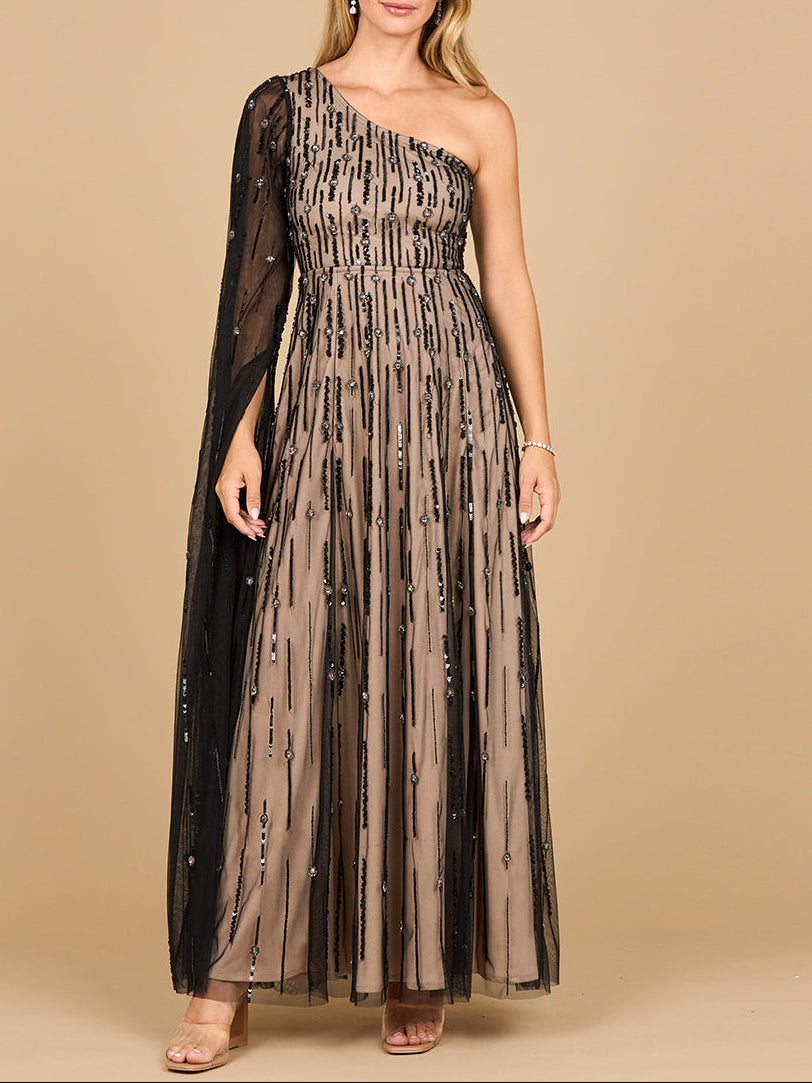 One Shoulder A-Line Gown with Cape Sleeve