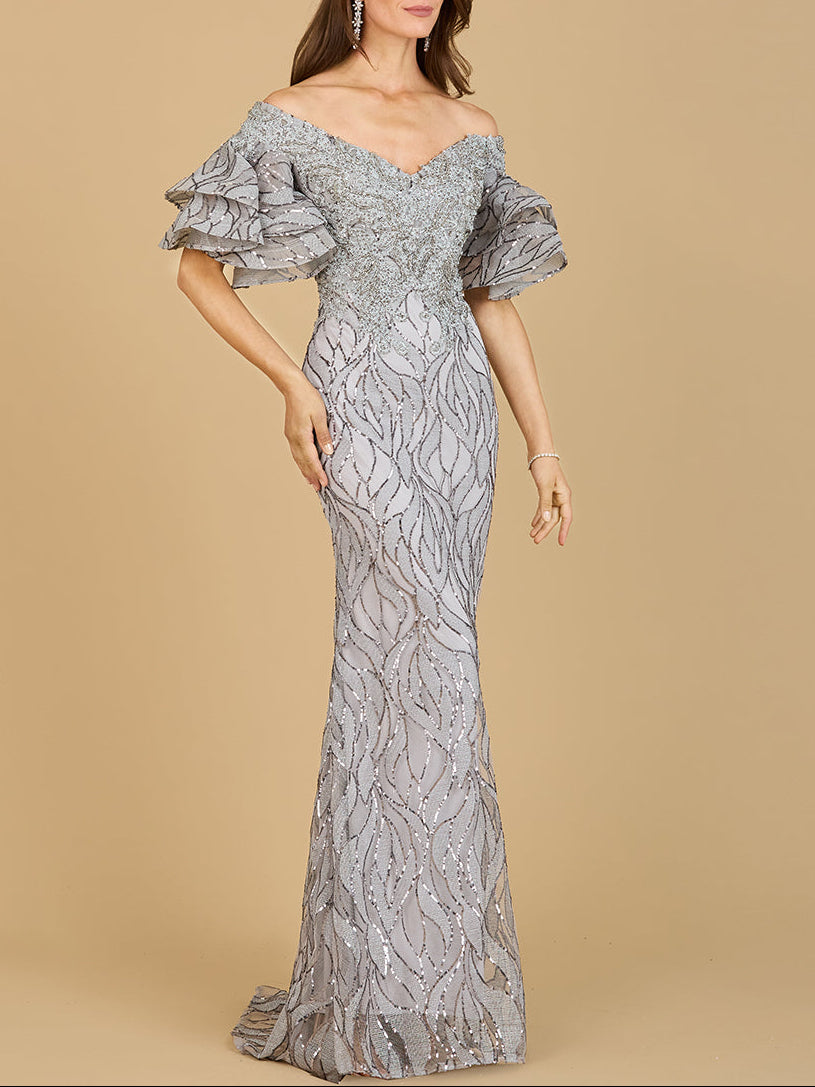 Off Shoulder Mermaid Beaded Gown with Tiered Cape Sleeves
