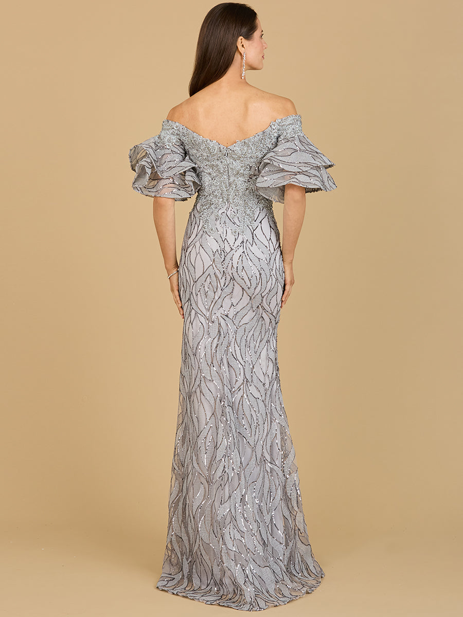 Off Shoulder Mermaid Beaded Gown with Tiered Cape Sleeves