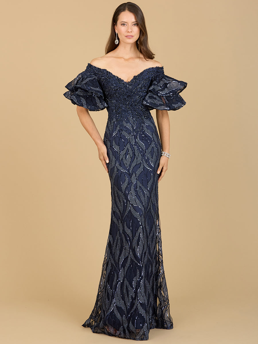 Off Shoulder Mermaid Beaded Gown with Tiered Cape Sleeves