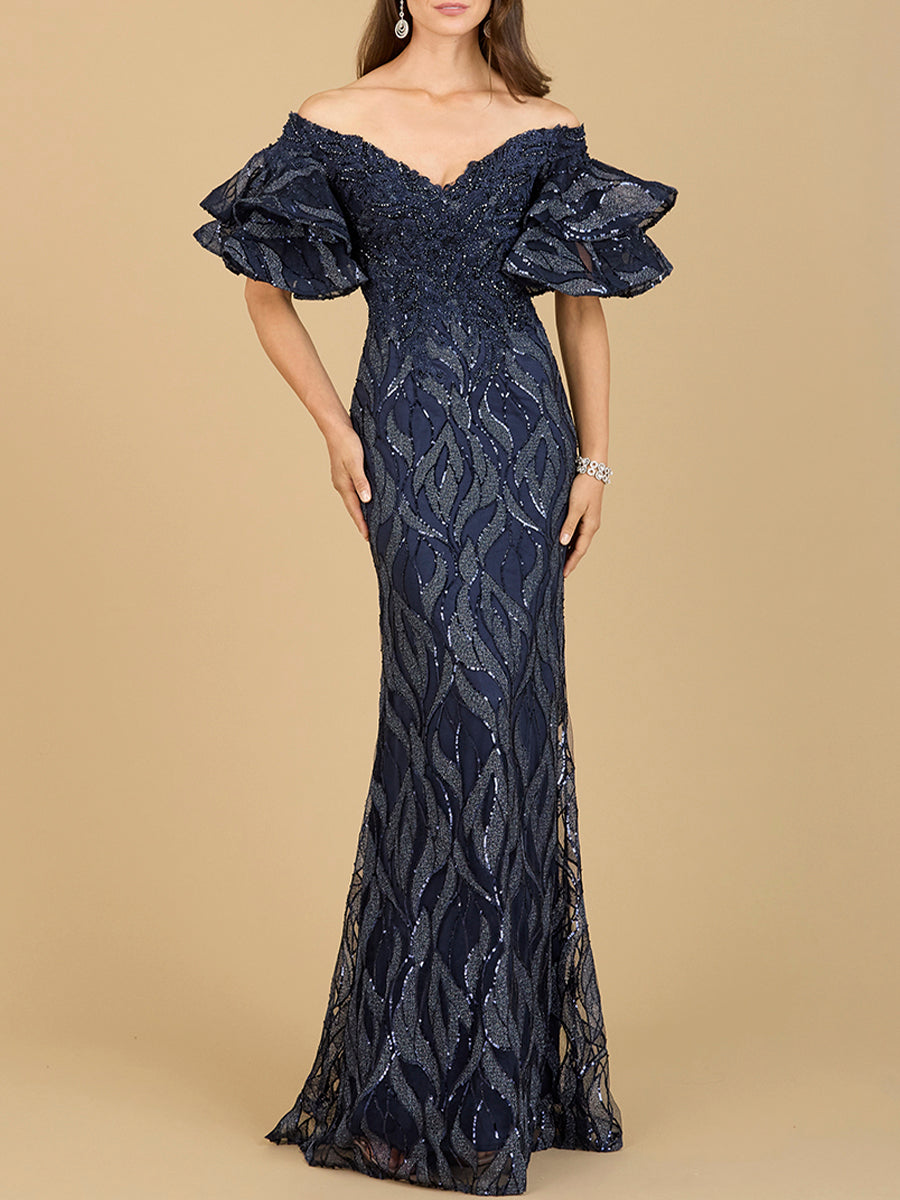 Off Shoulder Mermaid Beaded Gown with Tiered Cape Sleeves