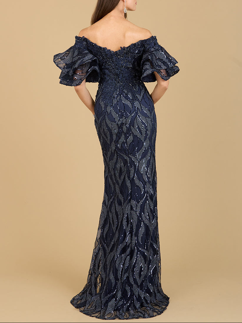 Off Shoulder Mermaid Beaded Gown with Tiered Cape Sleeves