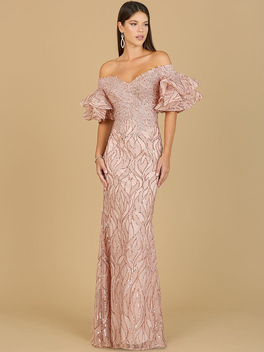 Off Shoulder Mermaid Beaded Gown with Tiered Cape Sleeves