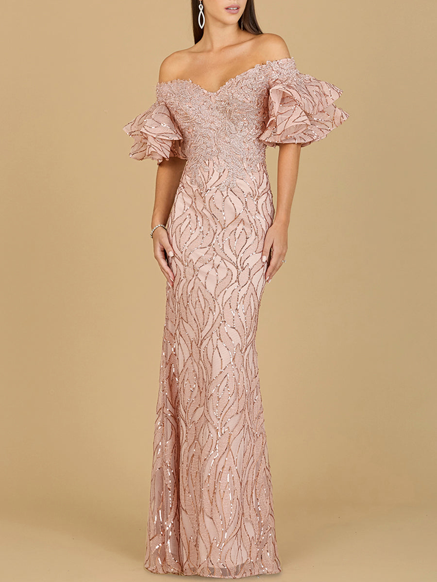 Off Shoulder Mermaid Beaded Gown with Tiered Cape Sleeves