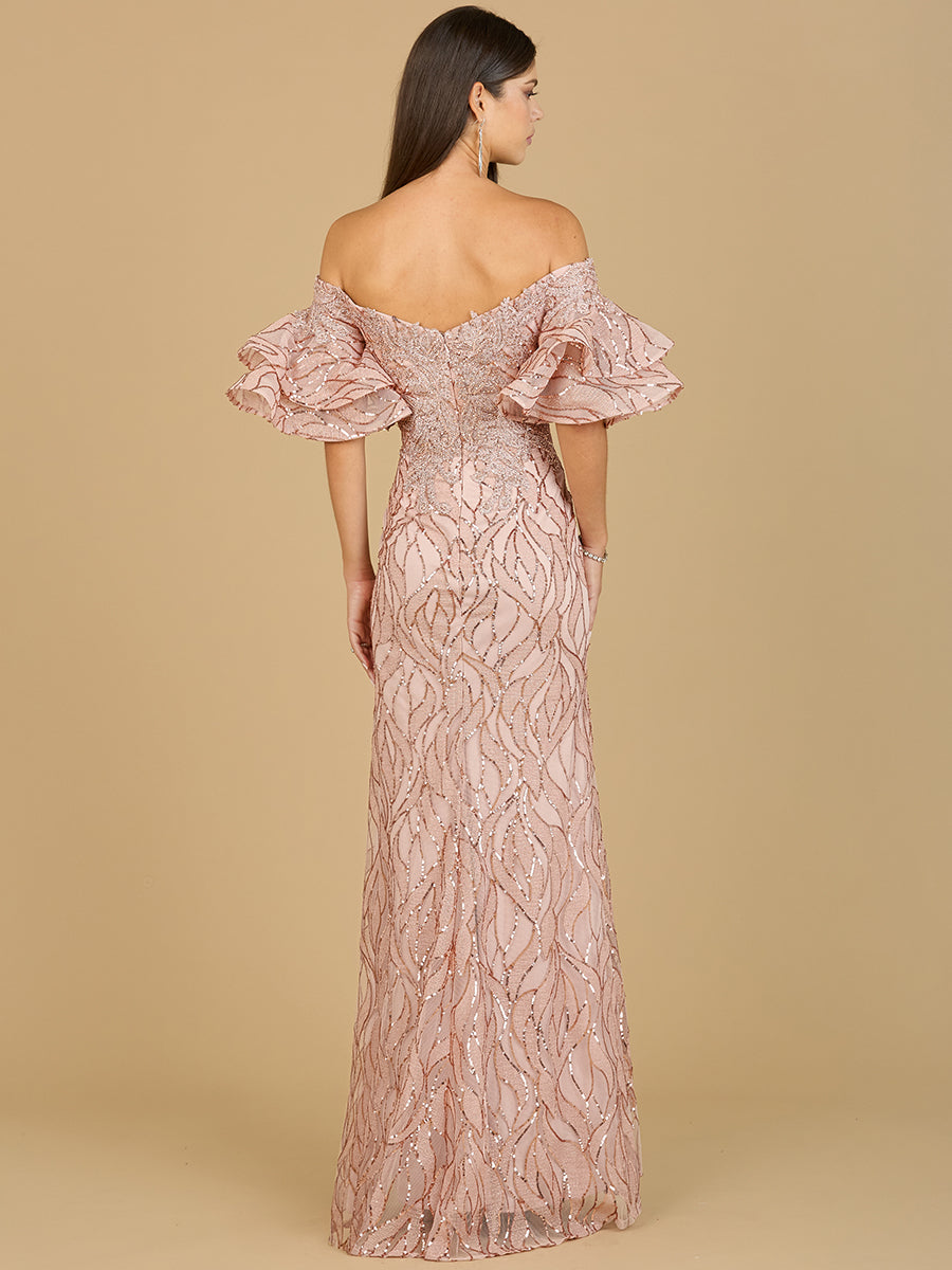 Off Shoulder Mermaid Beaded Gown with Tiered Cape Sleeves