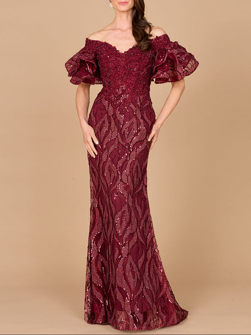 Off Shoulder Mermaid Beaded Gown with Tiered Cape Sleeves
