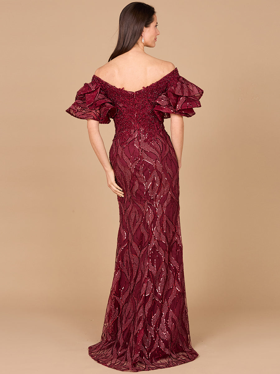 Off Shoulder Mermaid Beaded Gown with Tiered Cape Sleeves