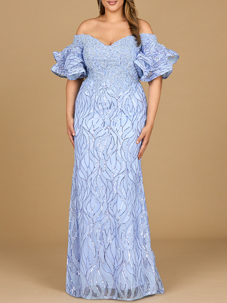 Off Shoulder Mermaid Beaded Gown with Tiered Cape Sleeves