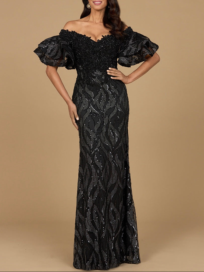 Off Shoulder Mermaid Beaded Gown with Tiered Cape Sleeves