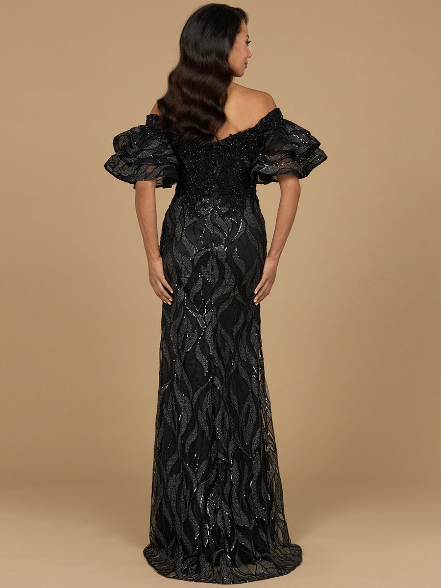 Off Shoulder Mermaid Beaded Gown with Tiered Cape Sleeves