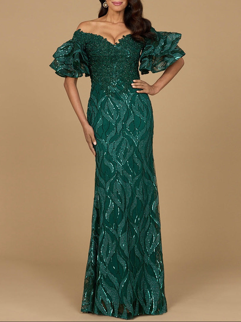 Off Shoulder Mermaid Beaded Gown with Tiered Cape Sleeves