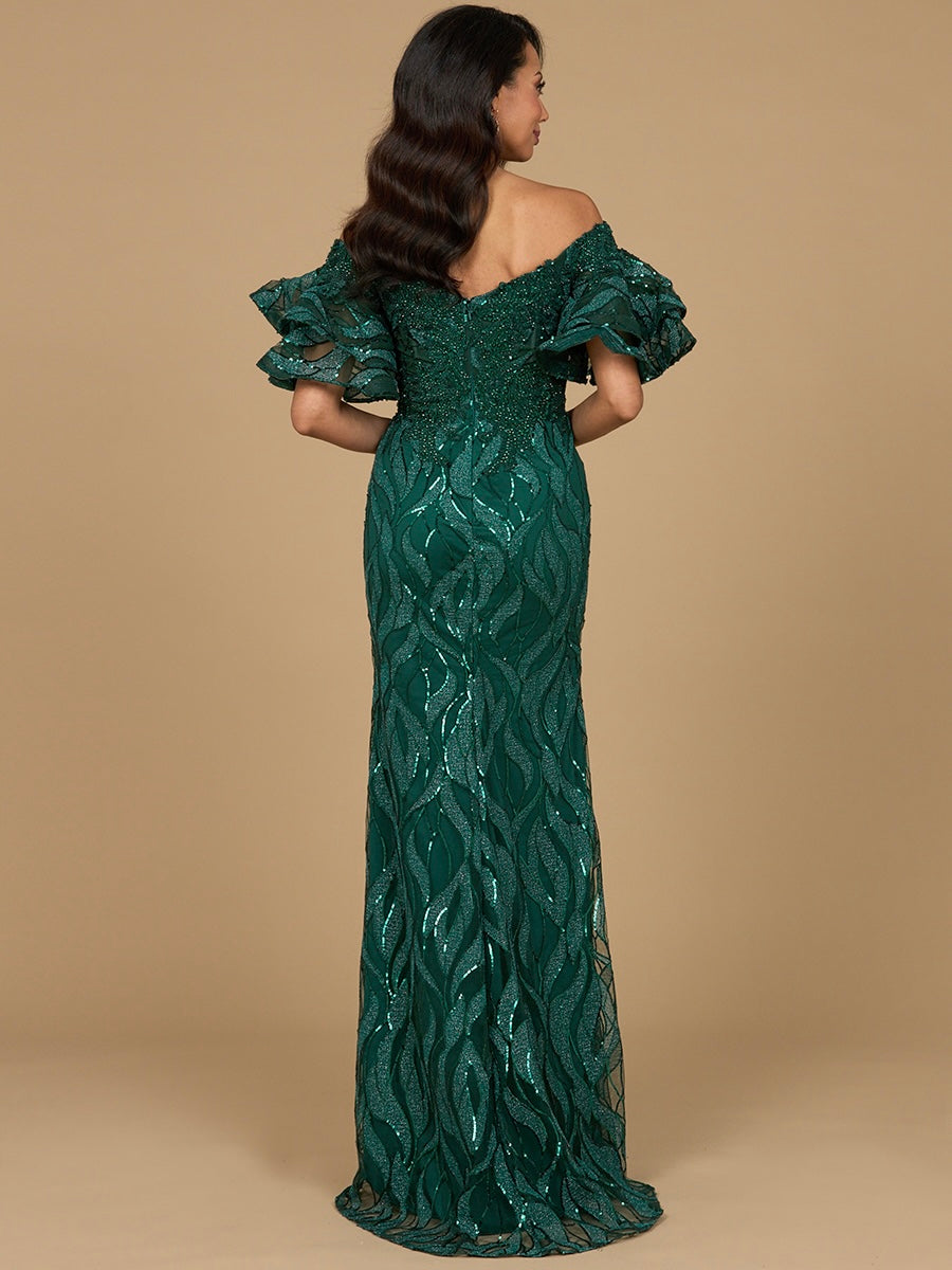 Off Shoulder Mermaid Beaded Gown with Tiered Cape Sleeves