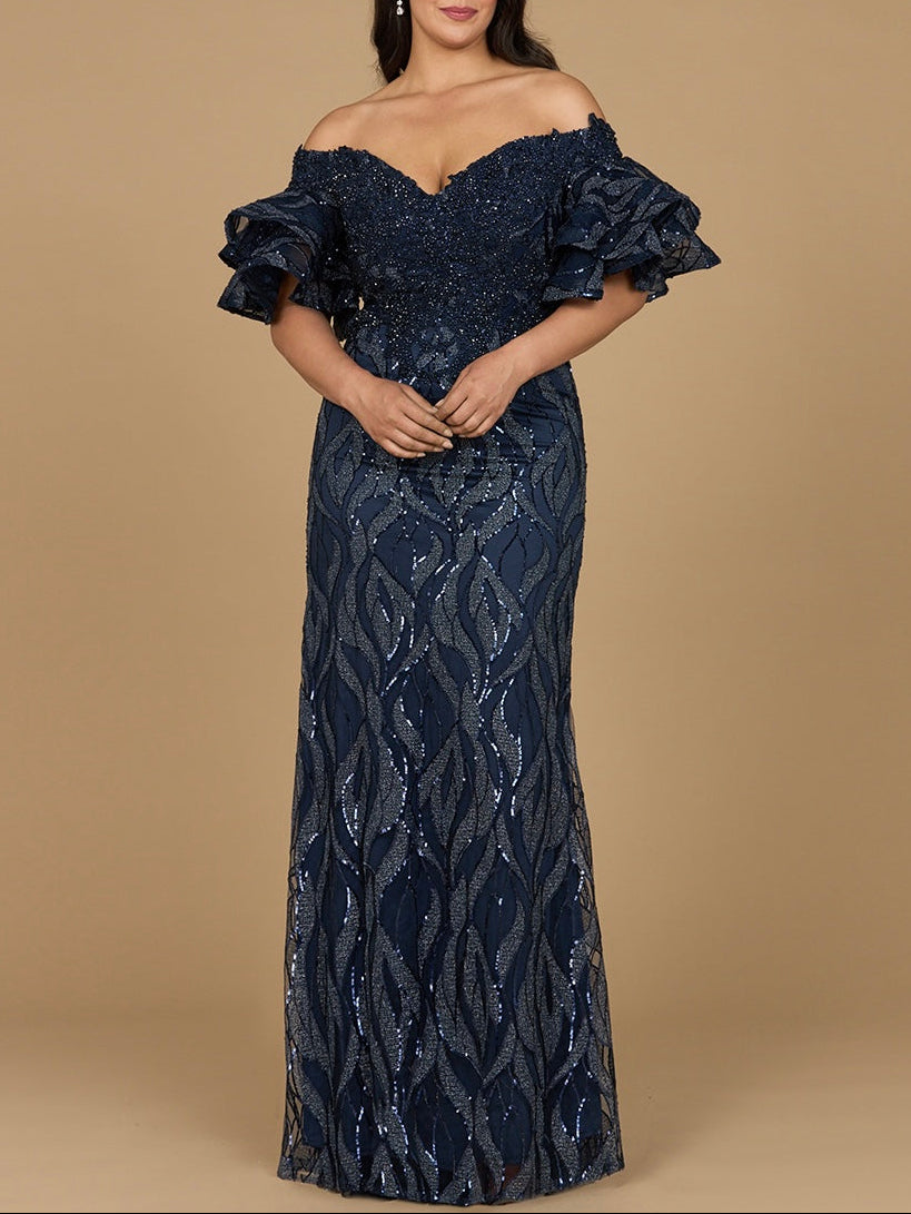 Off Shoulder Mermaid Beaded Gown with Tiered Cape Sleeves